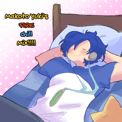 Cover of the mix Makoto Yukis Fire Chill Mix, featuring Makoto Yuki from Persona 3 lying on his bed, listening to music