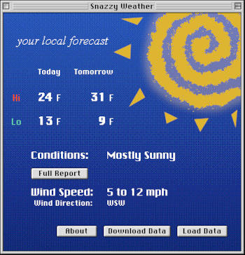 Screenshot of my software, Snazzy Weather, showing basic weather info on a blue background with a sun in the corner